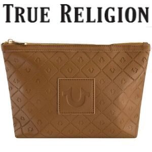True Religion Horseshoe Logo Stitched Cosmetic Bag- Brown